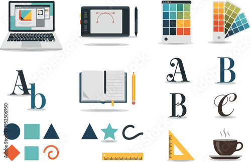 A collection of graphic design tools and elements, including a laptop, drawing tablet, color swatches, typography, notebook, ruler, and coffee cup