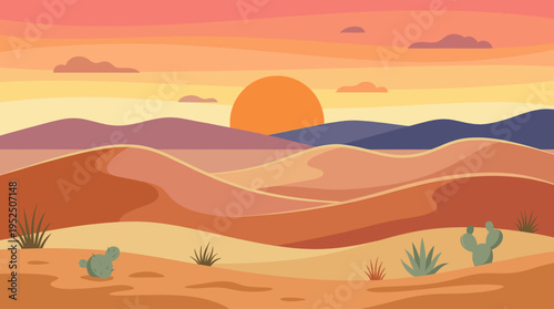 A serene vector illustration of a warm desert landscape at sunset, with rolling sand dunes, cacti, and distant mountains under an orange sky.