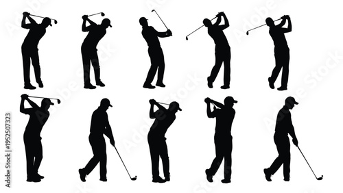 A set of black silhouettes of a man playing golf