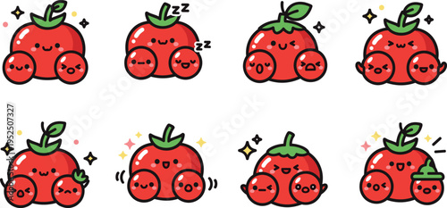 Cute tomato cartoon character vector set with kawaii style faces, funny food illustrations and playful red fruit mascot collection