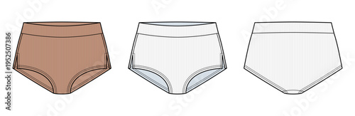 warm tan High Waist Brief with High Cut Leg Technical Fashion Illustration. Women’s Ribbed Underwear Panty with Side Cut Detail Vector Template. Front and Back Views CAD Mockup set.