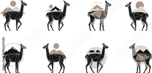 Geometric llama alpaca vector set with modern polygonal design, mountain landscape elements and stylized Andean animal illustrations collection