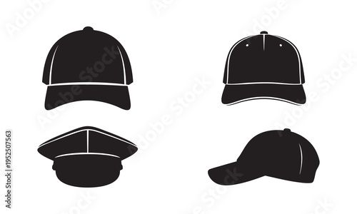 Set of 4 black baseball caps vector icons