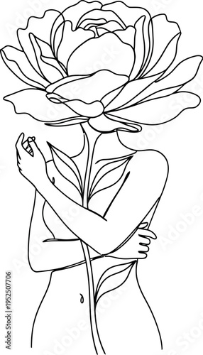 Woman with flower covering face, minimalist line art portrait