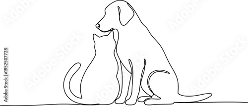 Dog and cat sitting together in line art style