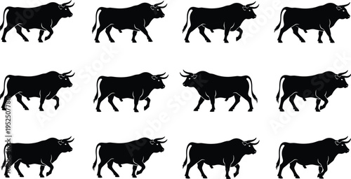 Bull silhouettes collection featuring strong cattle in walking poses isolated on white background for farming, livestock, agriculture, and animal design concepts
