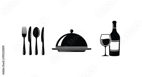 Elegant dining set including cutlery covered dish and wine silhouette