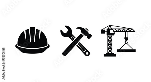 Construction icons depicting safety tools and equipment a black silhouette