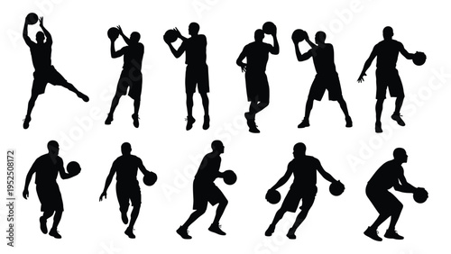 A group of basketball players in various poses