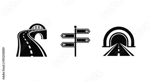 Roadway infrastructure icons tunnel signpost and bridge silhouette