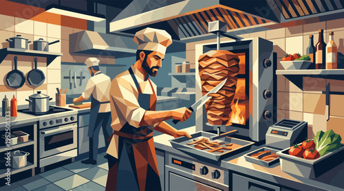 A stylized illustration of a professional male chef with a beard carving doner kebab meat from a vertical rotisserie in a busy commercial restaurant kitchen.
