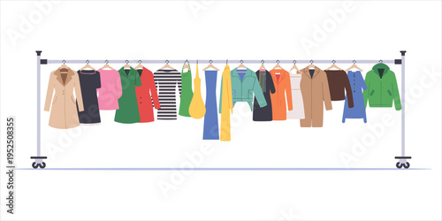 Assorted women's outerwear and dresses displayed on a clothing rack fashion apparel