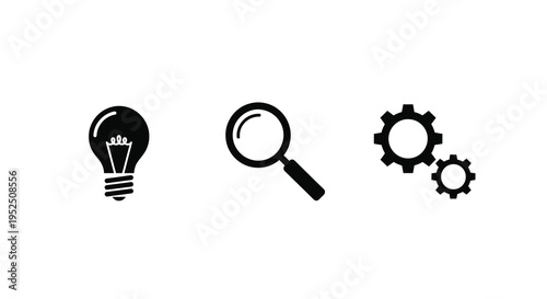 Black icons representing ideas research and mechanics a silhouette