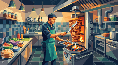 Stylized vector illustration of a chef carving doner kebab meat from a vertical rotisserie in a warm, modern kitchen setting.