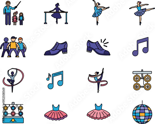 Collection of ballet and dance icons, showcasing dancers, shoes, music notes, and attire for artistic expression and performance