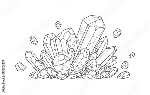 Black and white of a cluster of geometric crystals mineral rock