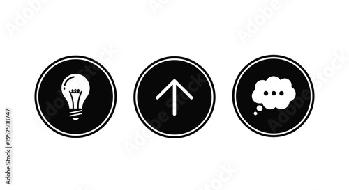 Three circular icons representing ideas and thought a clean silhouette