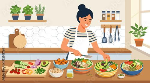 A happy young woman in an apron prepares healthy and colorful vegan buddha bowls with fresh vegetables, quinoa, and avocado in a bright, modern kitchen.