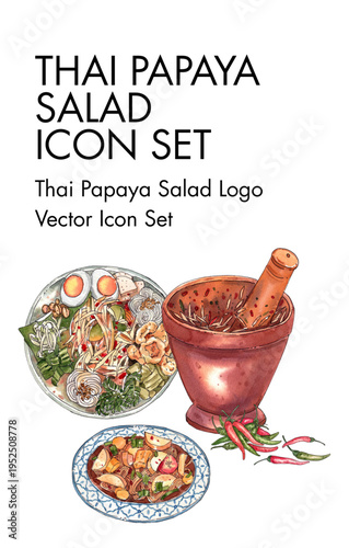 Hand-Drawn Watercolor Vector Illustration of Traditional Thai Papaya Salad, Mortar, and Ingredients for Authentic Asian Cuisine Design
