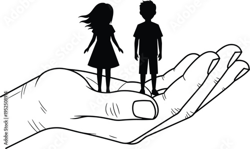 Child protection silhouette illustration, hand holding children artwork, guardianship care vector design concept