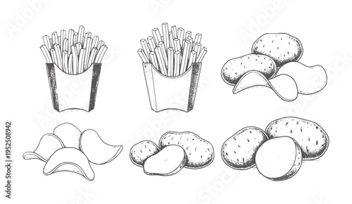 Hand drawn french fries potatoes and potato chips collection food