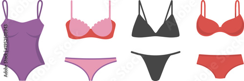 Assortment of women's lingerie and swimwear flat lay on white background Keywords: lingerie, swimwear, bikini, bra, panties