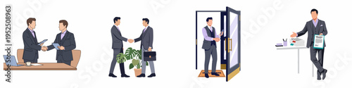 Businessmen characters set in various professional scenarios including handshake, recruitment, and welcoming clients in an office environment.
