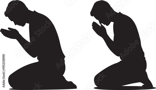 Man praying silhouette, religion and spirituality concept, islamic prayer pose