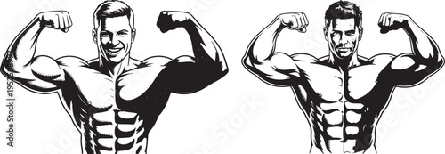 Muscular man flexing biceps, bodybuilding and fitness icon, strong physique vector