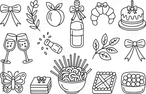 Celebration icons: champagne, cake, croissant, bows, butterfly, gift box, fruit, party decoration