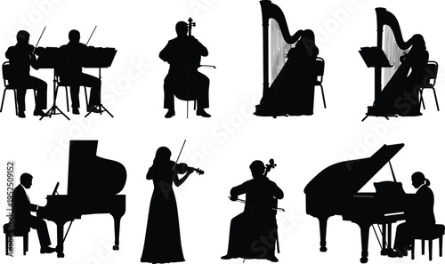 Classical musician silhouette illustration set, orchestra instrument performance artwork, violin cello piano harp vector design concept