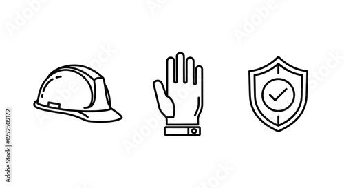Construction safety icons depicting a helmet glove and shield silhouette