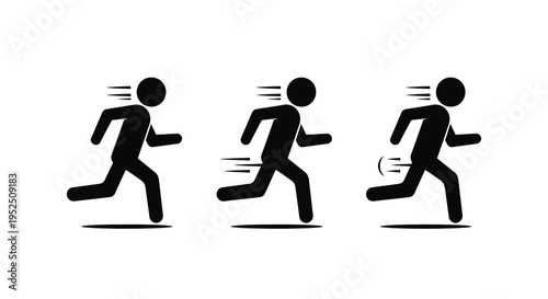 Three figures running swiftly depicted in a stark black silhouette