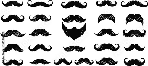 Mustache silhouette illustration set, facial hair style artwork, beard grooming vector design concept