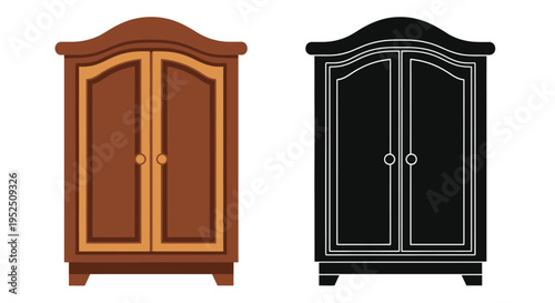 Two wardrobe illustrations one in color and one in black outline