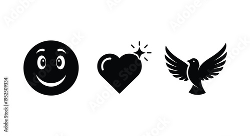 Simple black icons of a smile heart and bird in silhouette