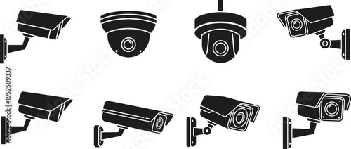 Security camera silhouette illustration set, surveillance equipment monitoring artwork, CCTV vector design concept