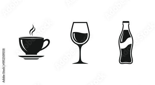 Coffee wine and soda bottles depicted in a stark black silhouette