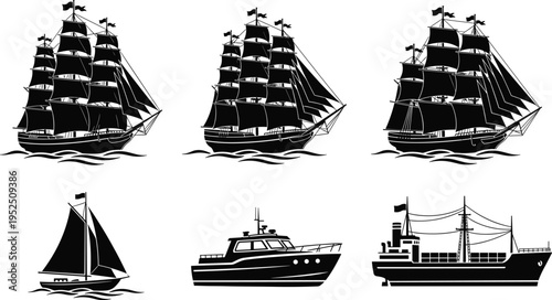 Ship and boat silhouette illustration set, sailing vessel cargo yacht artwork, maritime transport vector design concept