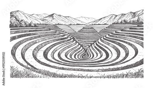 Surreal concentric terraced landscape with swirling vortex and distant mountains