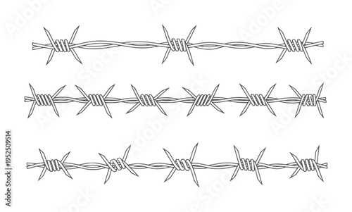 Three horizontal lines of barbed wire white fence sharp metal