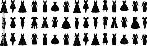Collection of black silhouette dresses and jumpsuits arranged in rows fashion clothing