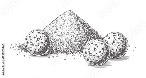 Three textured spheres resting near a conical pile of granular ball