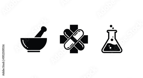 Medical icons depicting pharmacy tools and healthcare black silhouette
