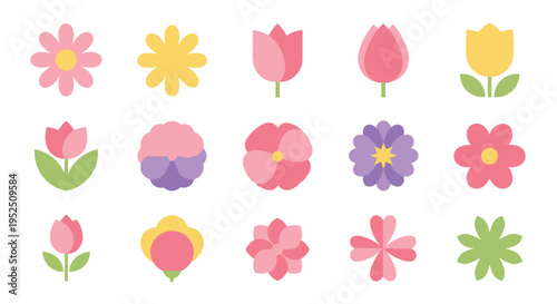 Vibrant spring flower icons collection featuring tulips daisies and pansies in flat vector style