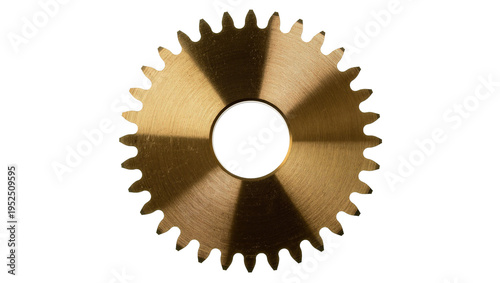 Isolated vintage brass cogwheel with intricate gear teeth and central hole, industrial component