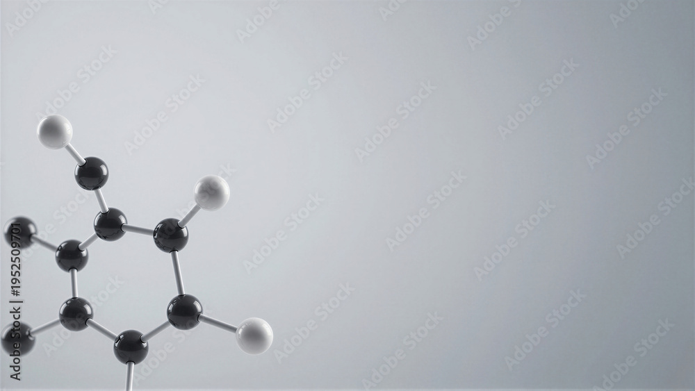Obraz premium Minimalist 3D molecular structure with black and white atoms on a neutral gray backdrop. Professional scientific model ideal for chemistry research and biotechnology concepts