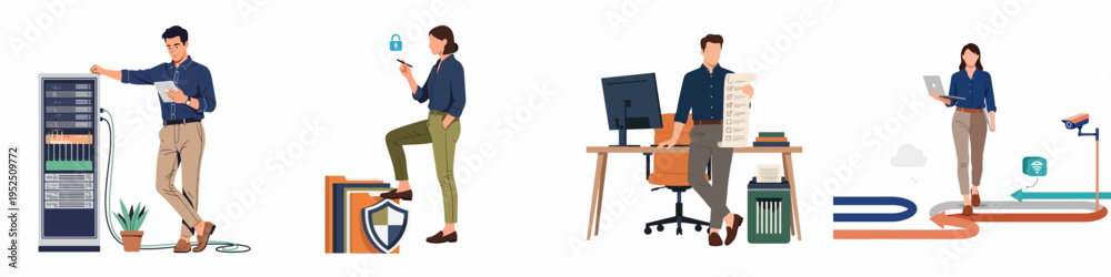 Fototapeta premium Flat vector illustrations depicting information technology professionals managing servers, data security, office workflows, and network infrastructure for business solutions.