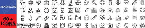 Healthcare set of web icons in line style. Medicine and Health Care linear icon collection. Containing emergency, doctor, treatment, medical, report, diagnosis, health, prevention. Outline icon