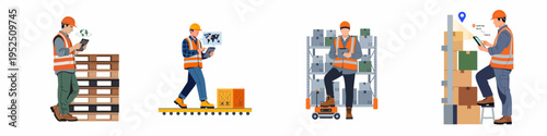 Set of warehouse workers using digital tablets for logistics, inventory management, and global shipping route tracking in a modern industrial storage facility.